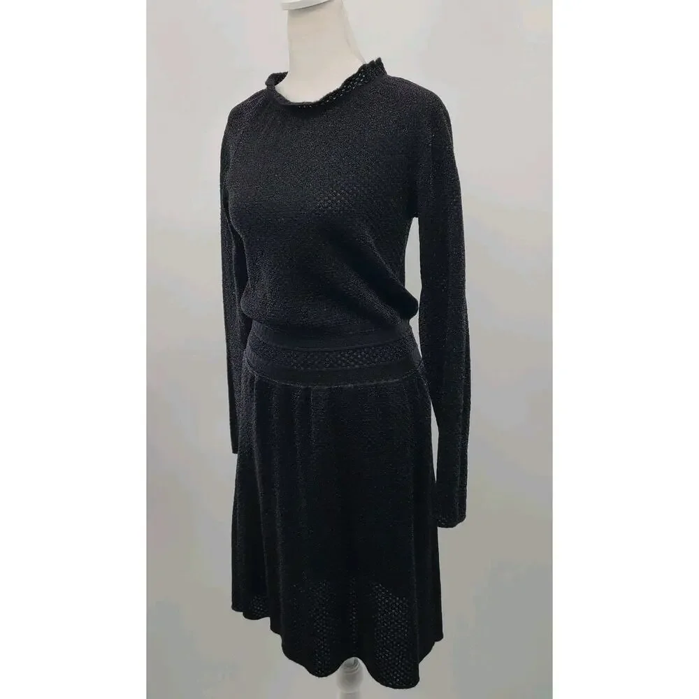 Tory Burch Black Isabelle Wool Knit Dress XS Sweater Semi Sheer Ruffle Neck‎